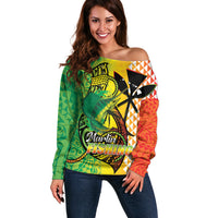 Hawaii Blue Marlin Fishing Off Shoulder Sweater Hawaiian Kanaka Kakau Reggae LT14 Women Reggae - Polynesian Pride