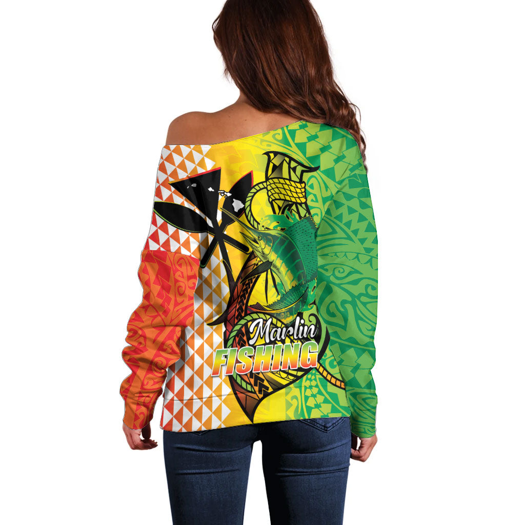 Hawaii Blue Marlin Fishing Off Shoulder Sweater Hawaiian Kanaka Kakau Reggae LT14 - Polynesian Pride