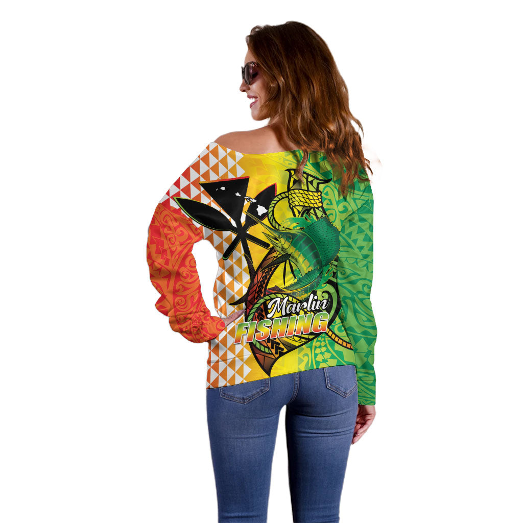 Hawaii Blue Marlin Fishing Off Shoulder Sweater Hawaiian Kanaka Kakau Reggae LT14 - Polynesian Pride