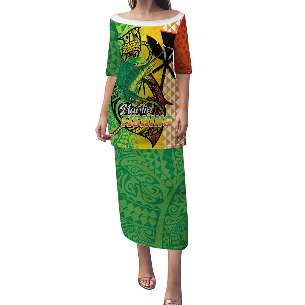 Hawaii Blue Marlin Fishing Puletasi Hawaiian Kanaka Kakau Reggae LT14 Long Dress Reggae - Polynesian Pride