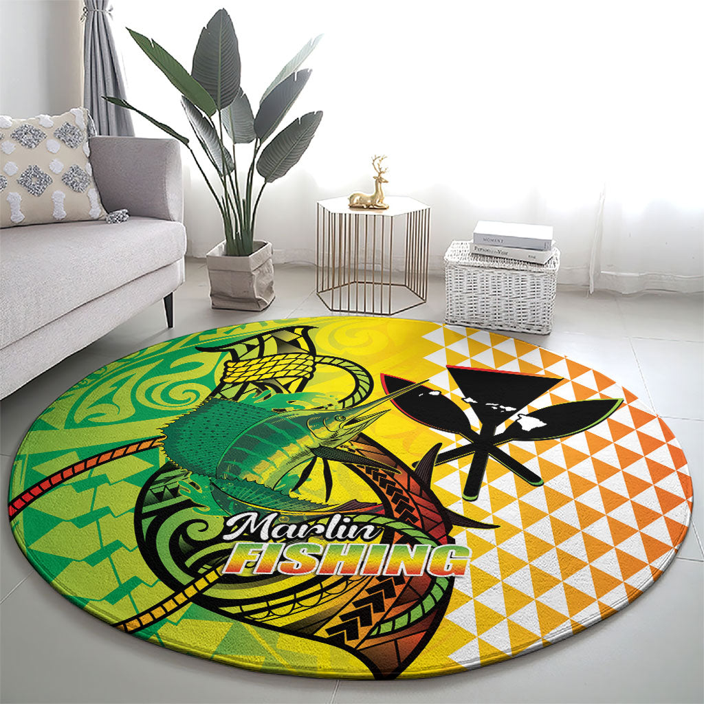 Hawaii Blue Marlin Fishing Round Carpet Hawaiian Kanaka Kakau Reggae LT14 - Polynesian Pride