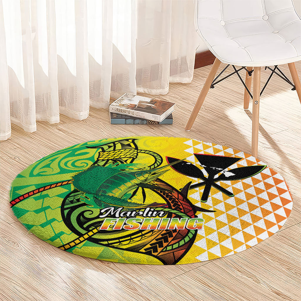 Hawaii Blue Marlin Fishing Round Carpet Hawaiian Kanaka Kakau Reggae LT14 - Polynesian Pride