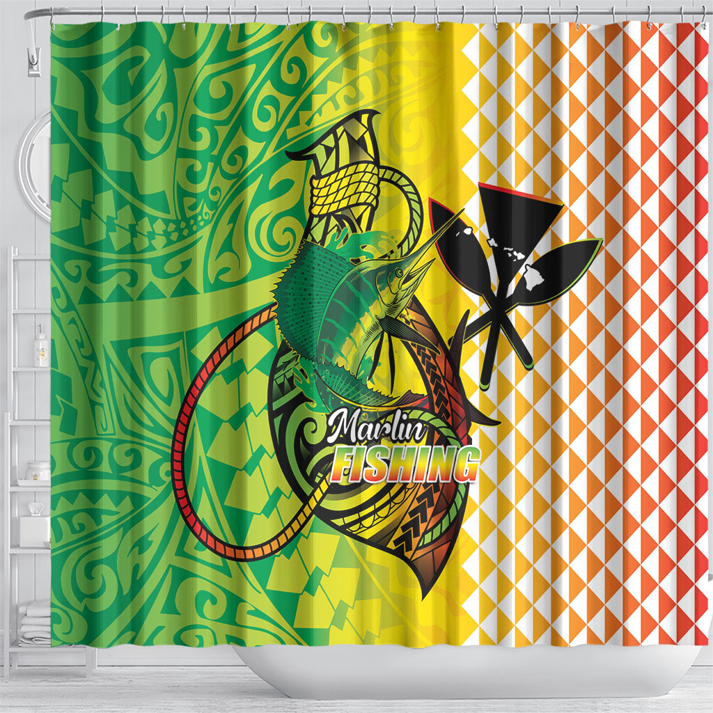 Hawaii Blue Marlin Fishing Shower Curtain Hawaiian Kanaka Kakau Reggae LT14 - Polynesian Pride