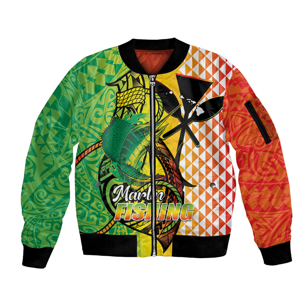 Hawaii Blue Marlin Fishing Sleeve Zip Bomber Jacket Hawaiian Kanaka Kakau Reggae LT14 Unisex Reggae - Polynesian Pride