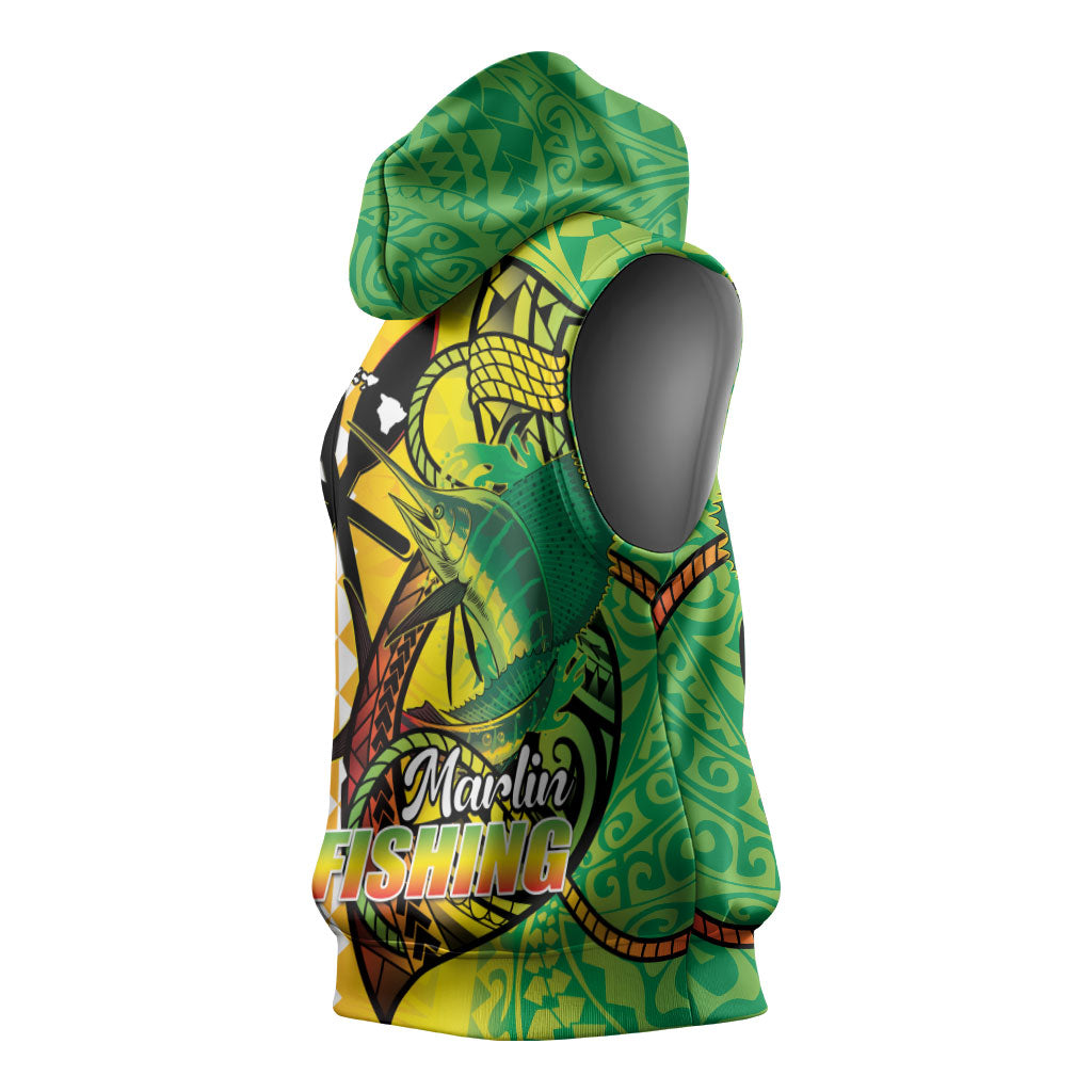Hawaii Blue Marlin Fishing Sleeveless Hoodie Hawaiian Kanaka Kakau Reggae