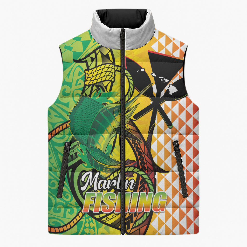 Hawaii Blue Marlin Fishing Sleeveless Puffer Jacket Hawaiian Kanaka Kakau Reggae