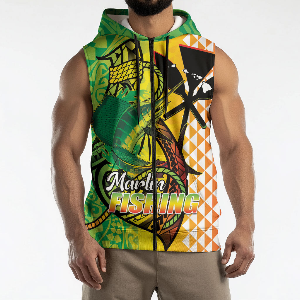 Hawaii Blue Marlin Fishing Sleeveless Zip Hoodie Hawaiian Kanaka Kakau Reggae