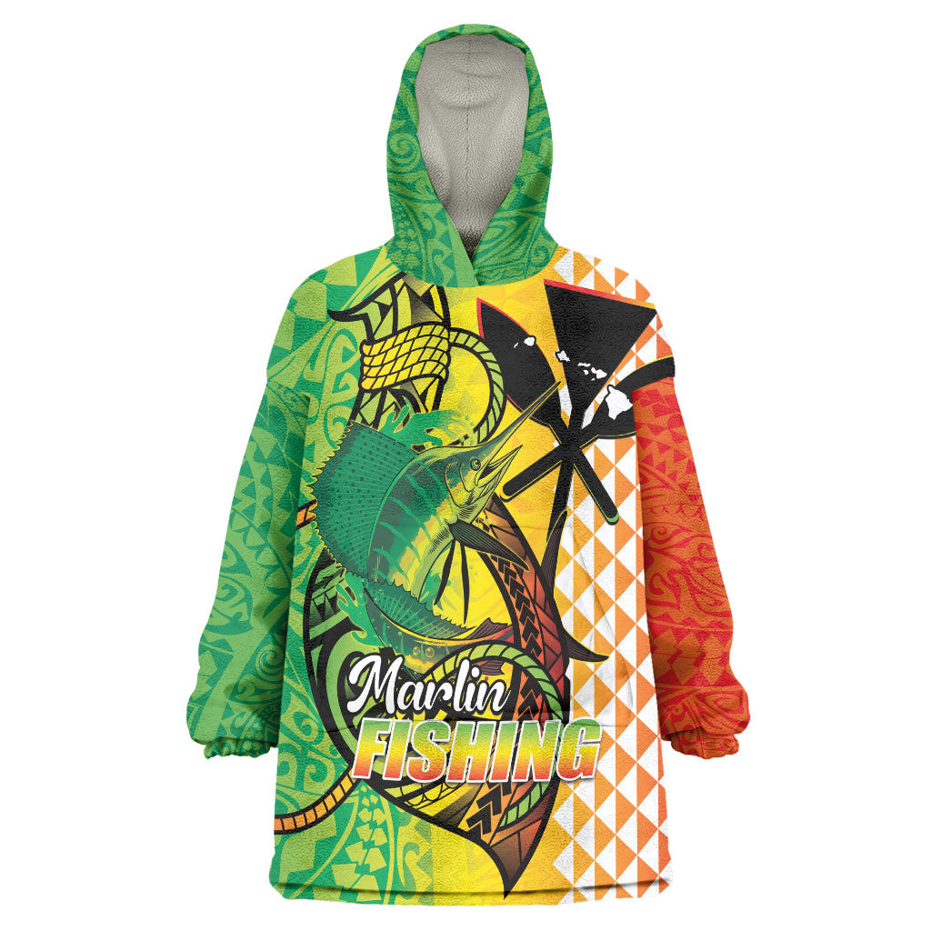 Hawaii Blue Marlin Fishing Wearable Blanket Hoodie Hawaiian Kanaka Kakau Reggae LT14 One Size Reggae - Polynesian Pride