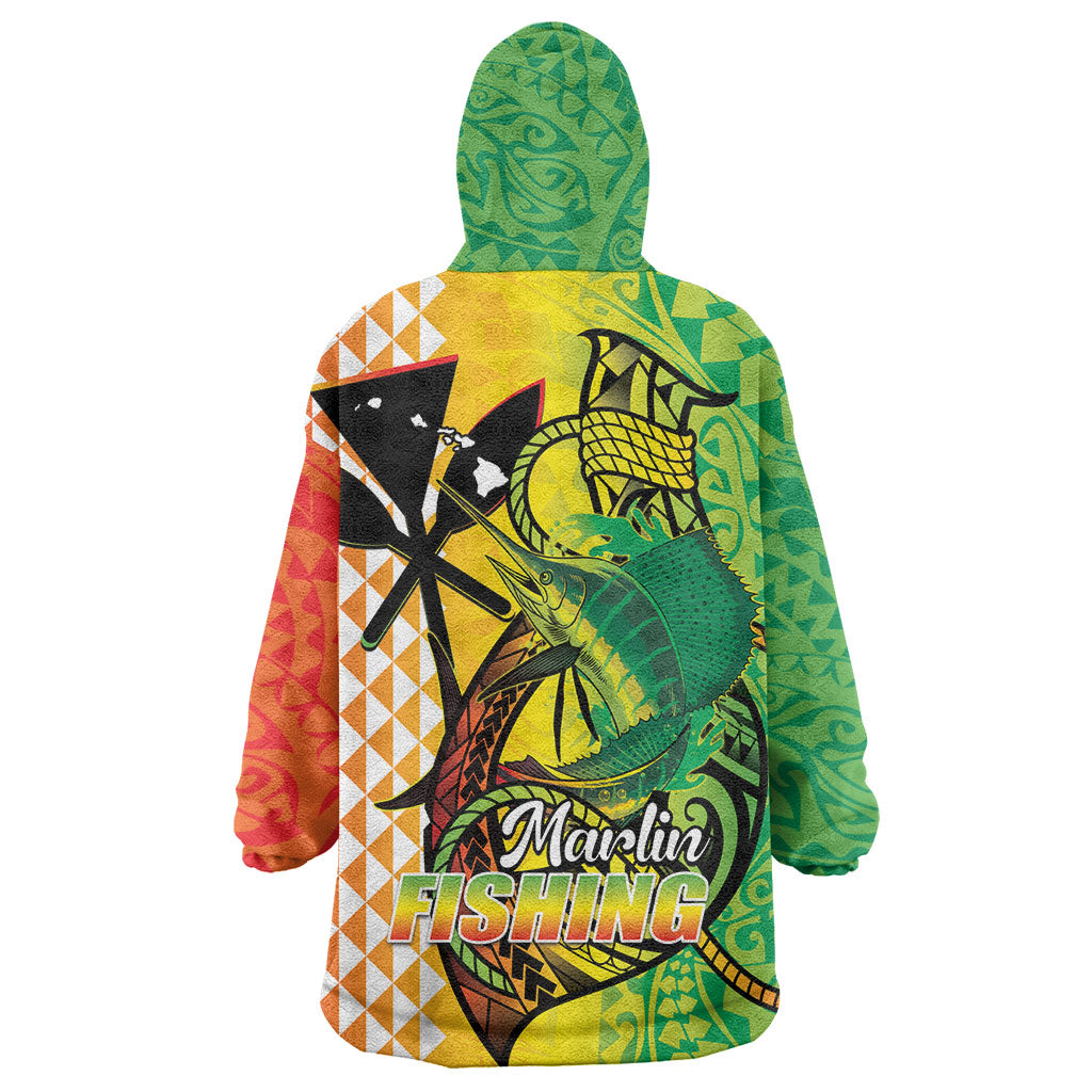 Hawaii Blue Marlin Fishing Wearable Blanket Hoodie Hawaiian Kanaka Kakau Reggae