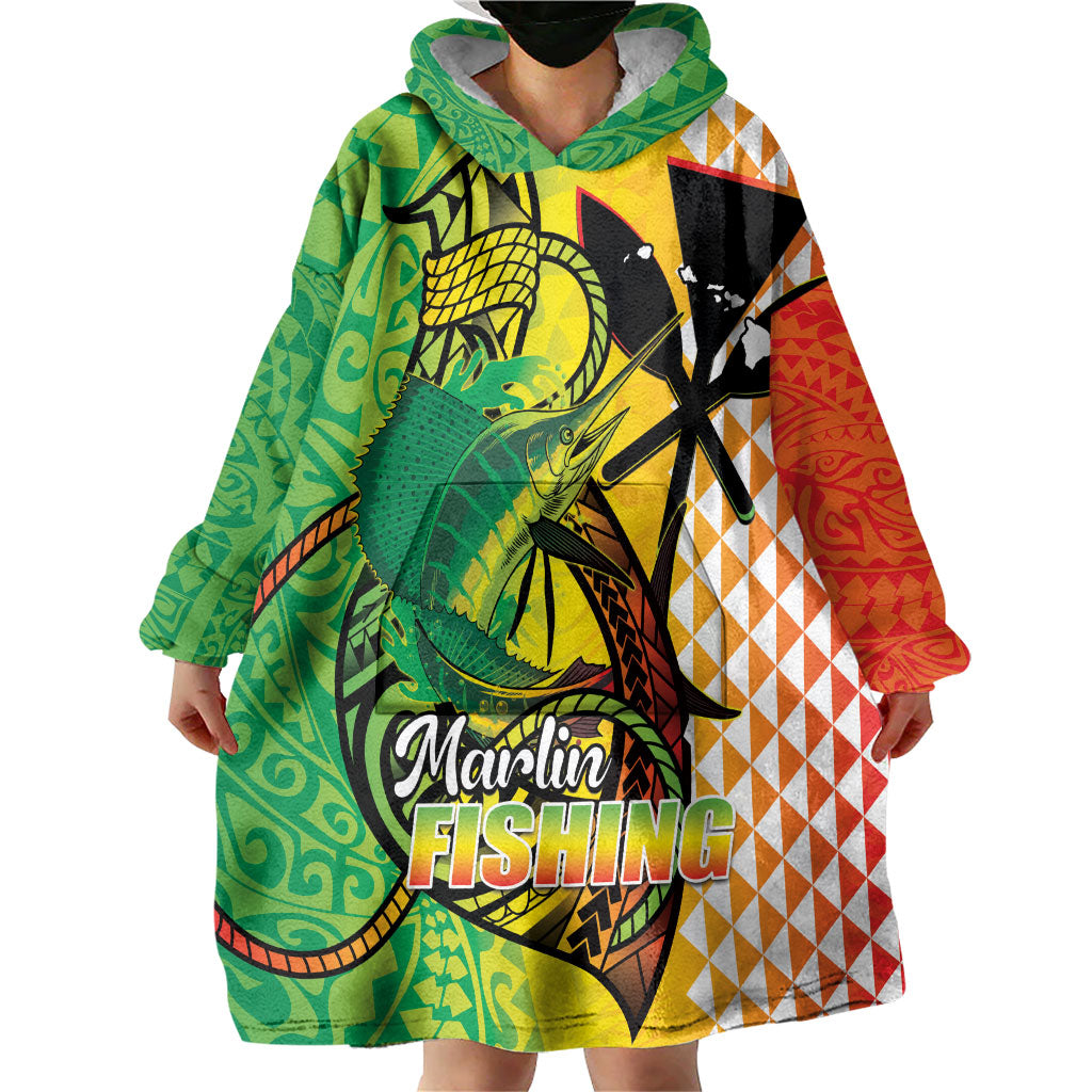 Hawaii Blue Marlin Fishing Wearable Blanket Hoodie Hawaiian Kanaka Kakau Reggae