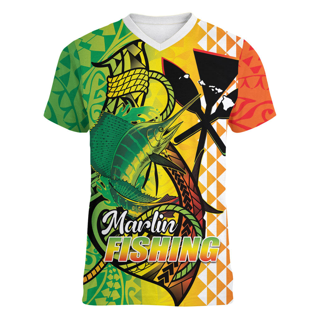 Hawaii Blue Marlin Fishing Women V-Neck T-Shirt Hawaiian Kanaka Kakau Reggae