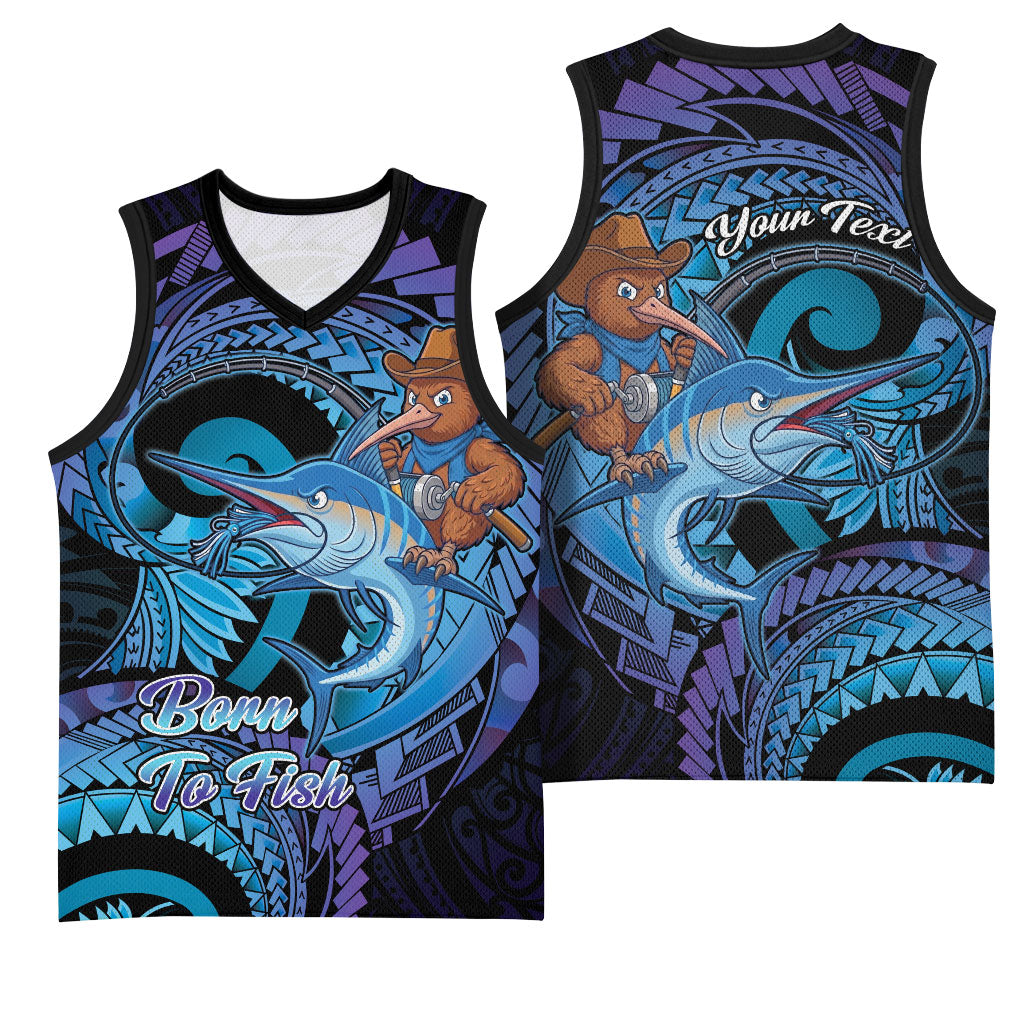 Personalised Blue Marlin Fishing New Zealand Basketball Jersey NZ Kiwi Cowboy Born To Fish
