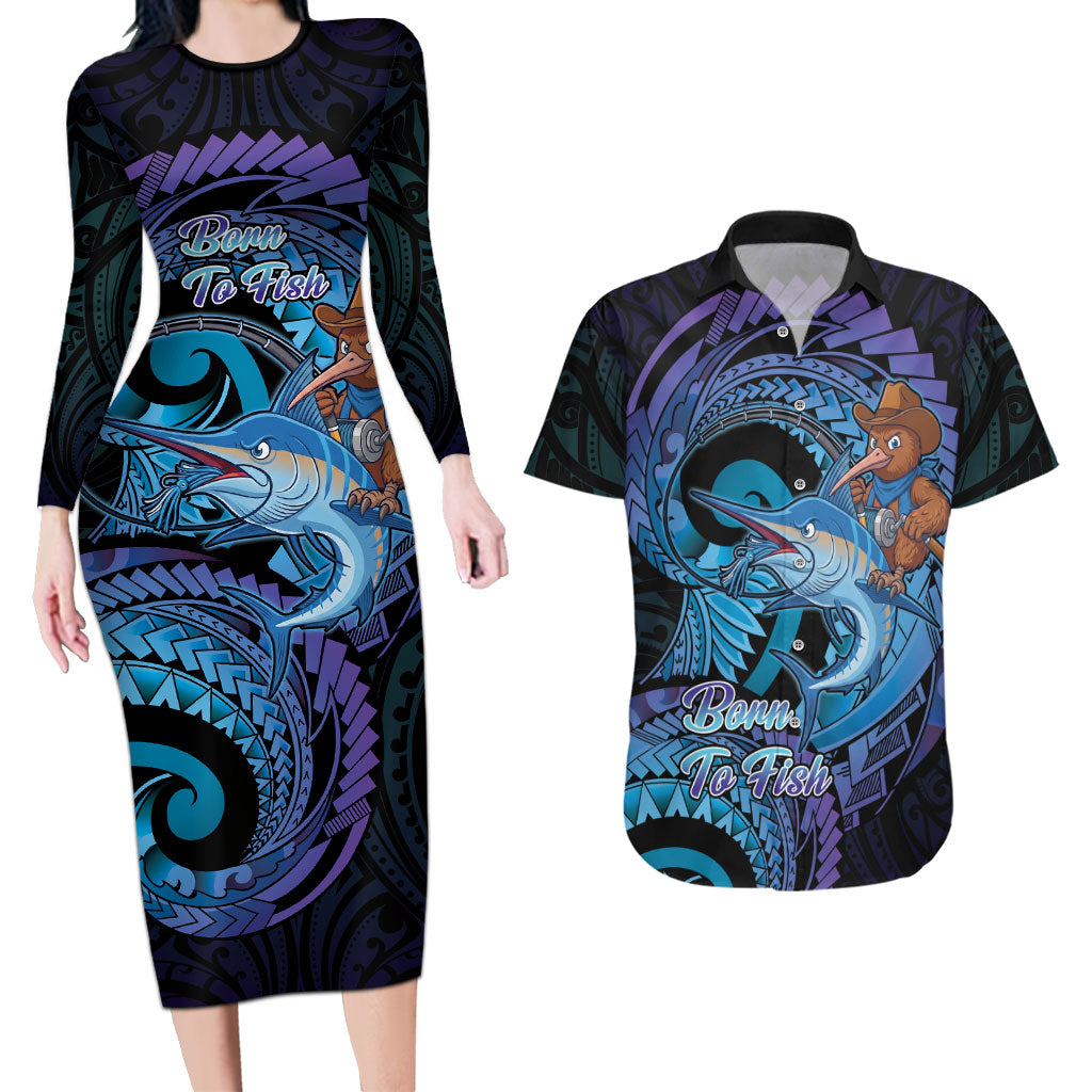 Personalised Blue Marlin Fishing New Zealand Couples Matching Long Sleeve Bodycon Dress and Hawaiian Shirt NZ Kiwi Cowboy Born To Fish LT14 Purple - Polynesian Pride