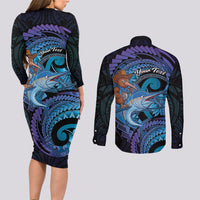 Personalised Blue Marlin Fishing New Zealand Couples Matching Long Sleeve Bodycon Dress and Long Sleeve Button Shirt NZ Kiwi Cowboy Born To Fish