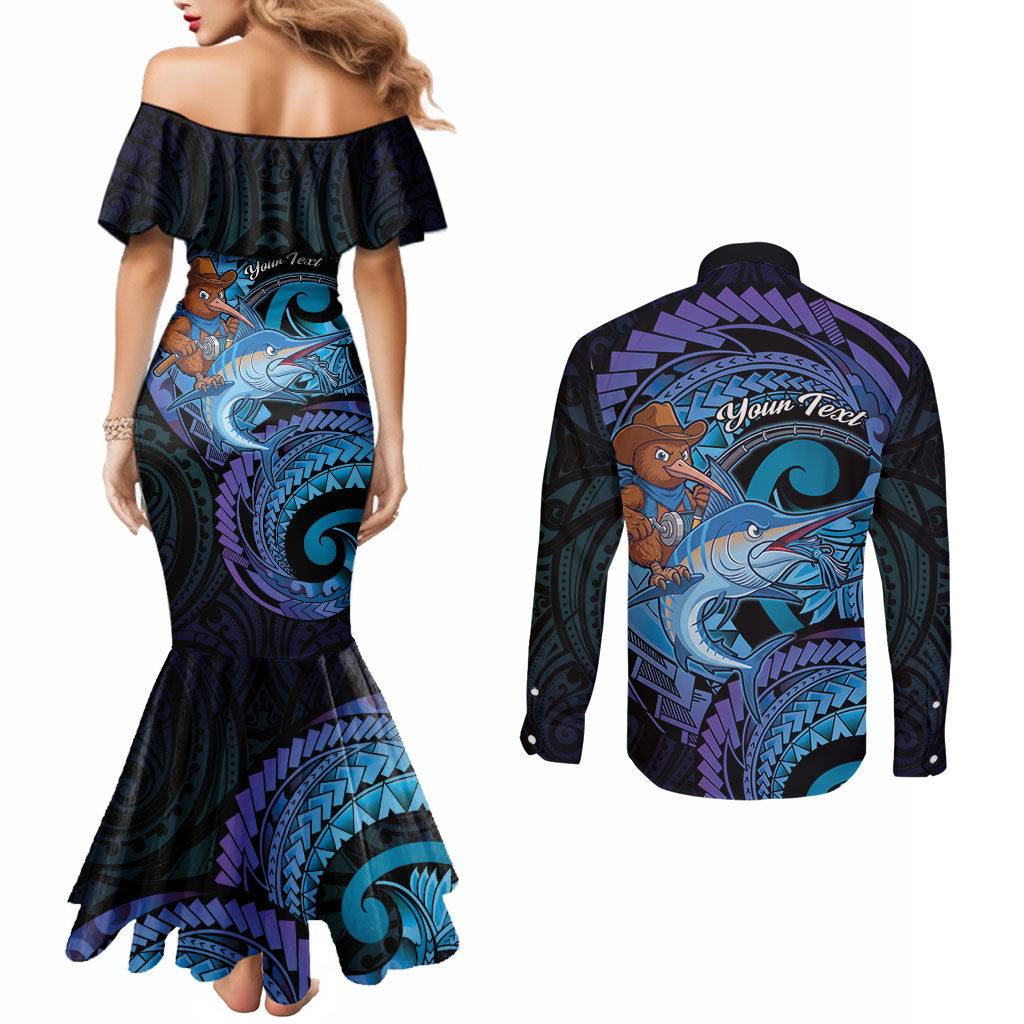 Personalised Blue Marlin Fishing New Zealand Couples Matching Mermaid Dress and Long Sleeve Button Shirt NZ Kiwi Cowboy Born To Fish