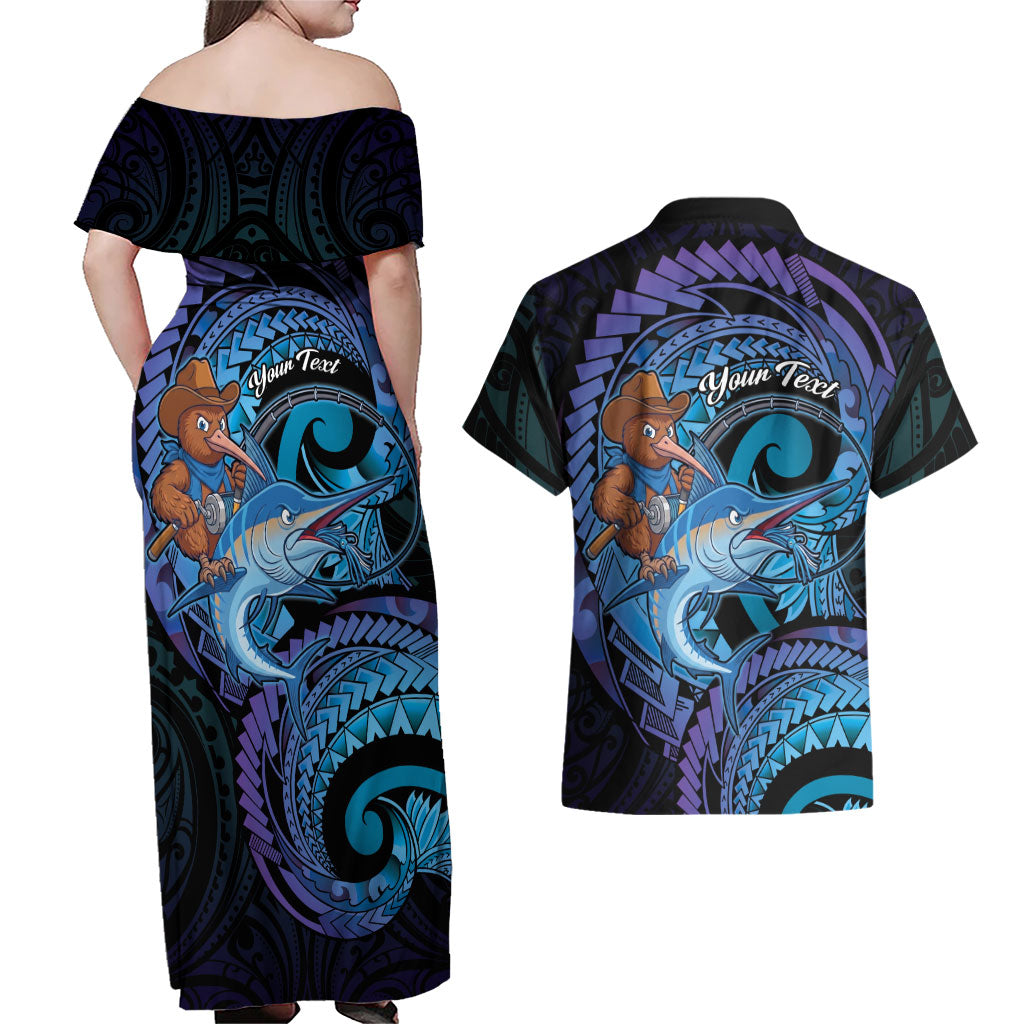 Personalised Blue Marlin Fishing New Zealand Couples Matching Off Shoulder Maxi Dress and Hawaiian Shirt NZ Kiwi Cowboy Born To Fish