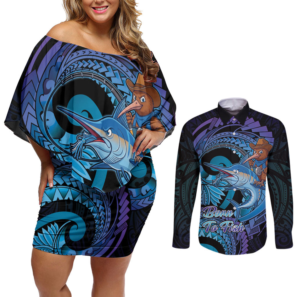 Personalised Blue Marlin Fishing New Zealand Couples Matching Off Shoulder Short Dress and Long Sleeve Button Shirt NZ Kiwi Cowboy Born To Fish LT14 Purple - Polynesian Pride