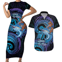 Personalised Blue Marlin Fishing New Zealand Couples Matching Short Sleeve Bodycon Dress and Hawaiian Shirt NZ Kiwi Cowboy Born To Fish