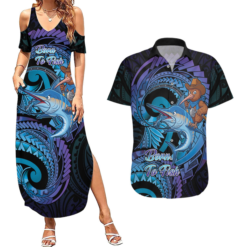 Personalised Blue Marlin Fishing New Zealand Couples Matching Summer Maxi Dress and Hawaiian Shirt NZ Kiwi Cowboy Born To Fish LT14 Purple - Polynesian Pride