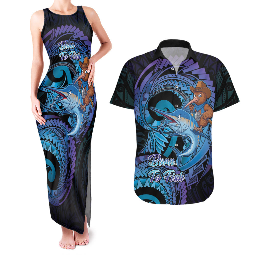 Personalised Blue Marlin Fishing New Zealand Couples Matching Tank Maxi Dress and Hawaiian Shirt NZ Kiwi Cowboy Born To Fish LT14 Purple - Polynesian Pride