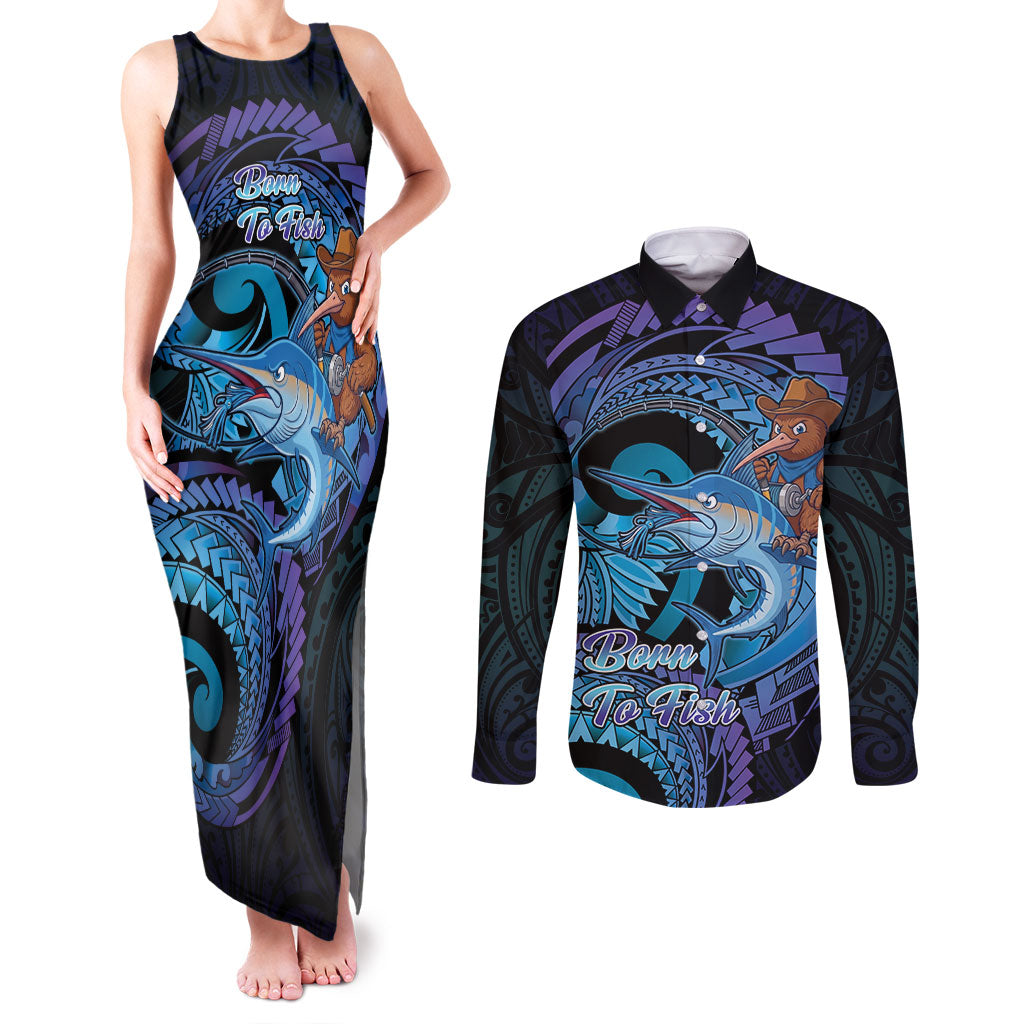 Personalised Blue Marlin Fishing New Zealand Couples Matching Tank Maxi Dress and Long Sleeve Button Shirt NZ Kiwi Cowboy Born To Fish LT14 Purple - Polynesian Pride