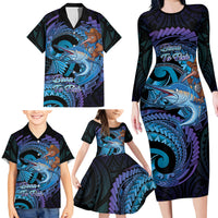 Personalised Blue Marlin Fishing New Zealand Family Matching Long Sleeve Bodycon Dress and Hawaiian Shirt NZ Kiwi Cowboy Born To Fish