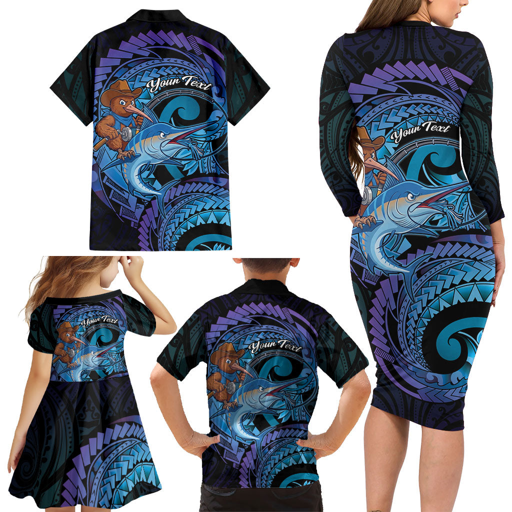 Personalised Blue Marlin Fishing New Zealand Family Matching Long Sleeve Bodycon Dress and Hawaiian Shirt NZ Kiwi Cowboy Born To Fish