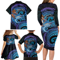 Personalised Blue Marlin Fishing New Zealand Family Matching Long Sleeve Bodycon Dress and Hawaiian Shirt NZ Kiwi Cowboy Born To Fish