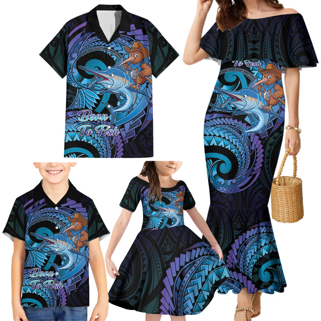 Personalised Blue Marlin Fishing New Zealand Family Matching Mermaid Dress and Hawaiian Shirt NZ Kiwi Cowboy Born To Fish
