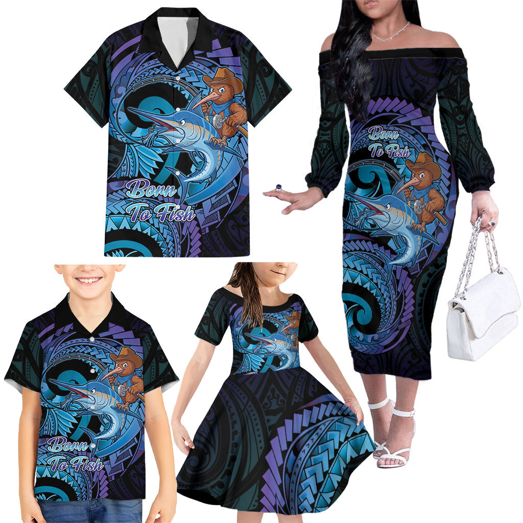 Personalised Blue Marlin Fishing New Zealand Family Matching Off The Shoulder Long Sleeve Dress and Hawaiian Shirt NZ Kiwi Cowboy Born To Fish