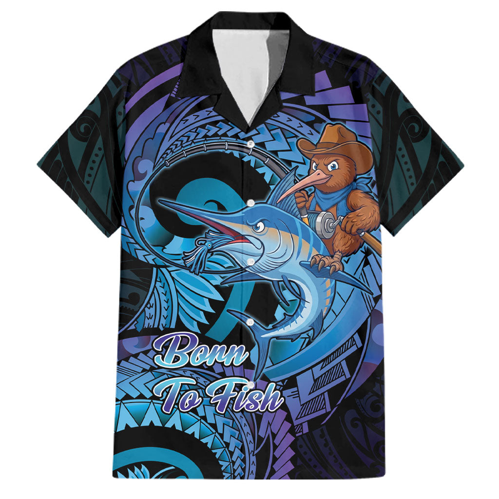 Personalised Blue Marlin Fishing New Zealand Family Matching Off Shoulder Short Dress and Hawaiian Shirt NZ Kiwi Cowboy Born To Fish