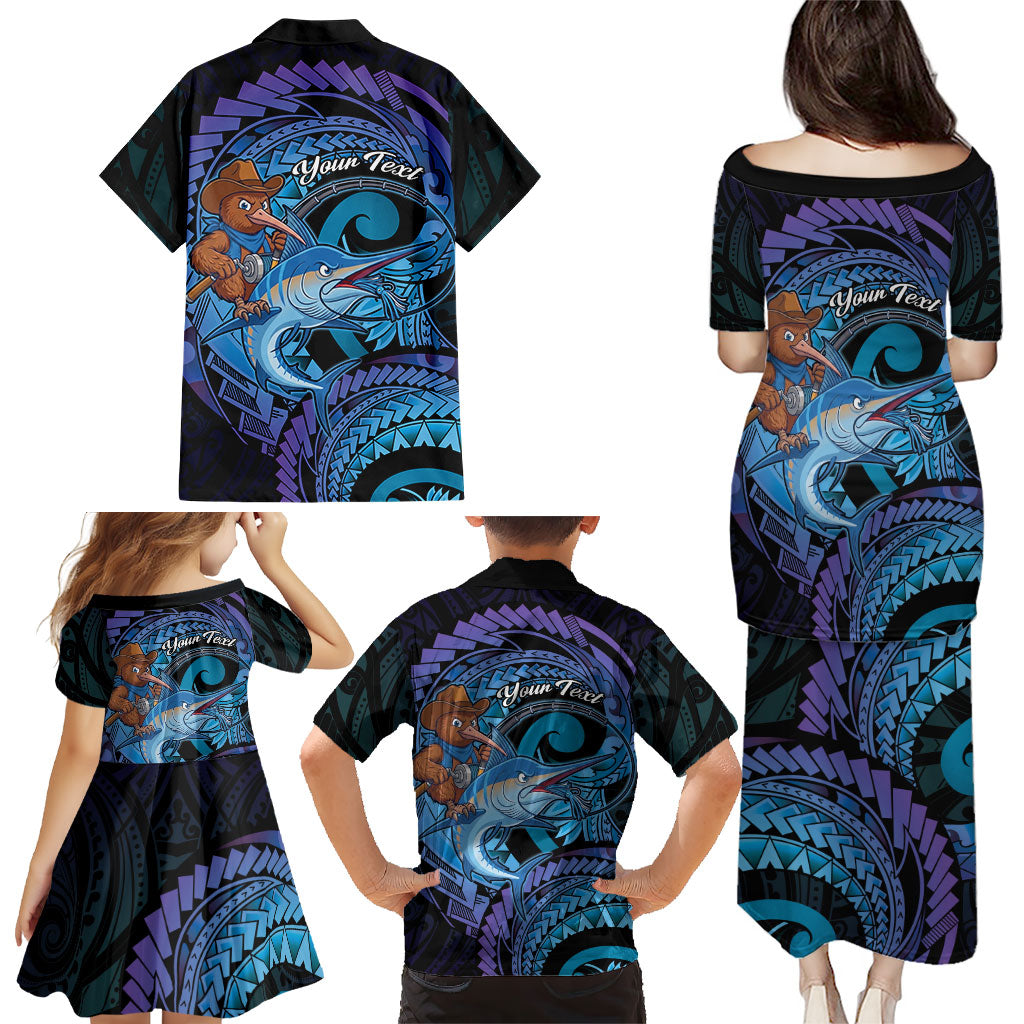 Personalised Blue Marlin Fishing New Zealand Family Matching Puletasi and Hawaiian Shirt NZ Kiwi Cowboy Born To Fish