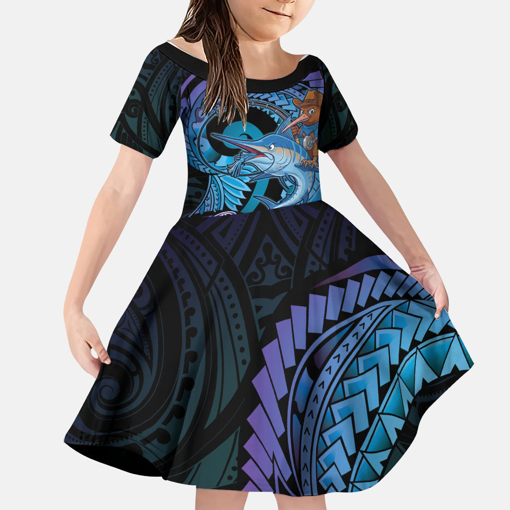 Personalised Blue Marlin Fishing New Zealand Family Matching Summer Maxi Dress and Hawaiian Shirt NZ Kiwi Cowboy Born To Fish