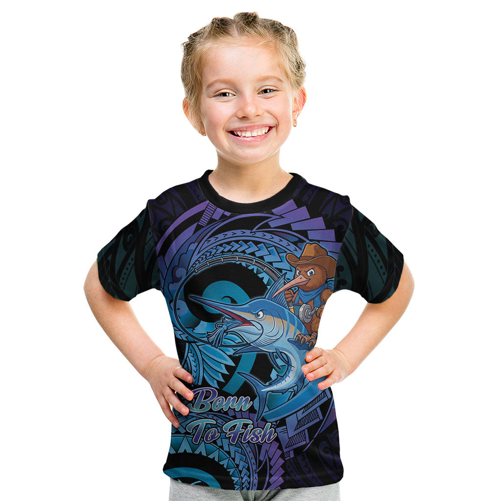 Personalised Blue Marlin Fishing New Zealand Kid T Shirt NZ Kiwi Cowboy Born To Fish LT14 Purple - Polynesian Pride