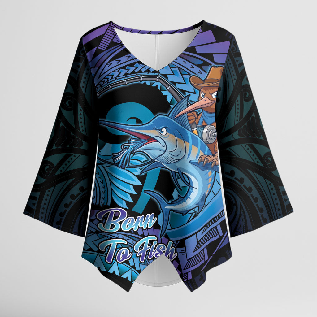 Personalised Blue Marlin Fishing New Zealand Kimono Sleeve Blouse NZ Kiwi Cowboy Born To Fish LT14 Female Purple - Polynesian Pride