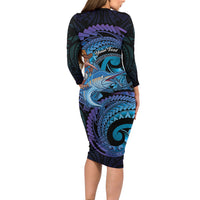 Personalised Blue Marlin Fishing New Zealand Long Sleeve Bodycon Dress NZ Kiwi Cowboy Born To Fish