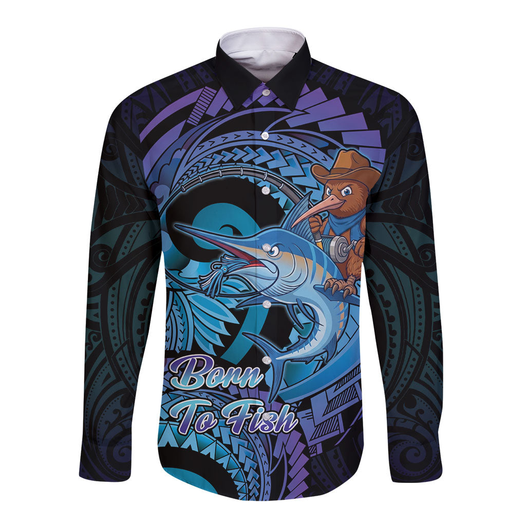 Personalised Blue Marlin Fishing New Zealand Long Sleeve Button Shirt NZ Kiwi Cowboy Born To Fish LT14 Unisex Purple - Polynesian Pride
