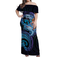 Personalised Blue Marlin Fishing New Zealand Off Shoulder Maxi Dress NZ Kiwi Cowboy Born To Fish