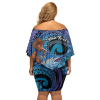 Personalised Blue Marlin Fishing New Zealand Off Shoulder Short Dress NZ Kiwi Cowboy Born To Fish