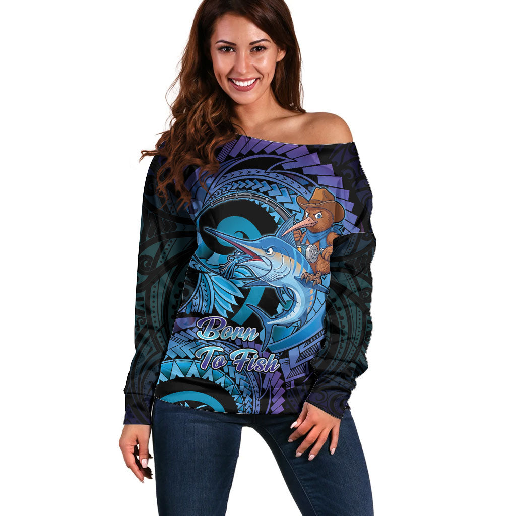 Personalised Blue Marlin Fishing New Zealand Off Shoulder Sweater NZ Kiwi Cowboy Born To Fish LT14 Women Purple - Polynesian Pride