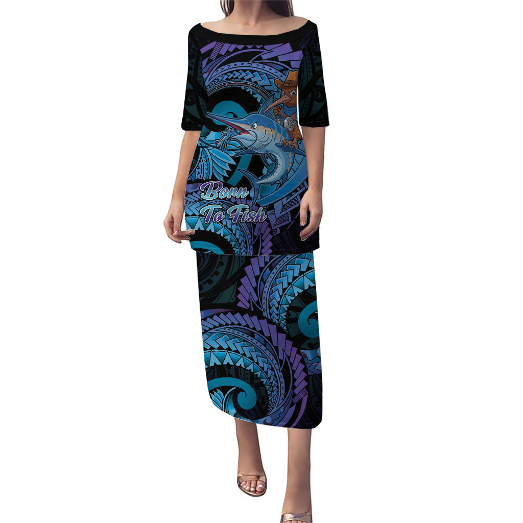 Personalised Blue Marlin Fishing New Zealand Puletasi NZ Kiwi Cowboy Born To Fish LT14 Long Dress Purple - Polynesian Pride