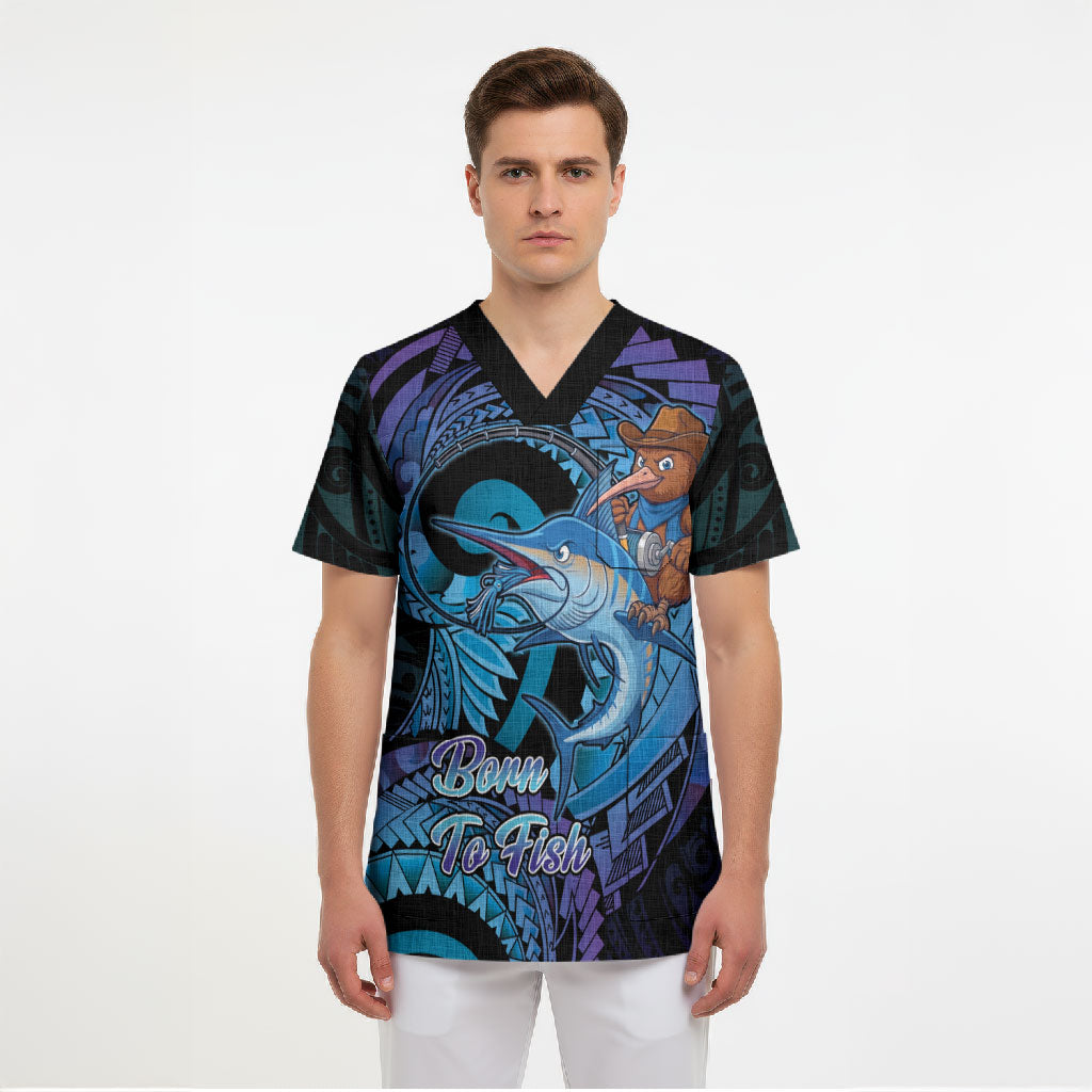 Personalised Blue Marlin Fishing New Zealand Scrub Top NZ Kiwi Cowboy Born To Fish