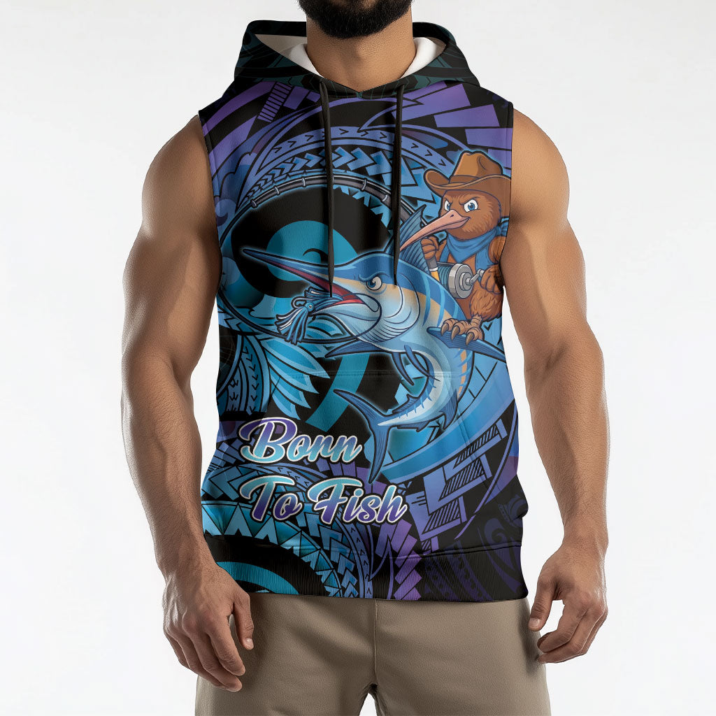 Personalised Blue Marlin Fishing New Zealand Sleeveless Hoodie NZ Kiwi Cowboy Born To Fish
