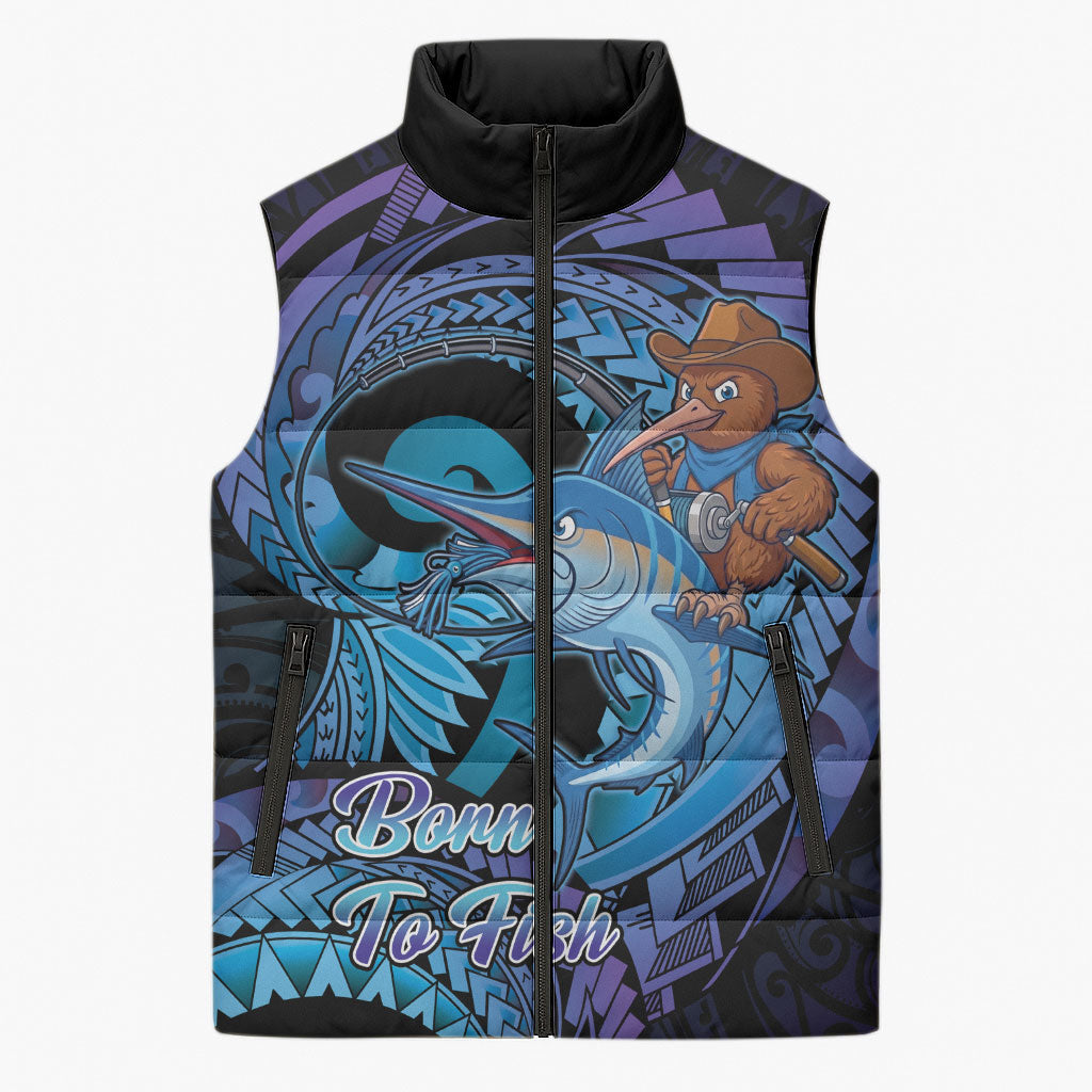 Personalised Blue Marlin Fishing New Zealand Sleeveless Puffer Jacket NZ Kiwi Cowboy Born To Fish