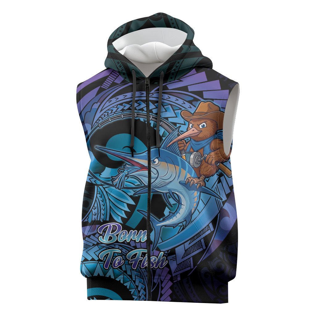 Personalised Blue Marlin Fishing New Zealand Sleeveless Zip Hoodie NZ Kiwi Cowboy Born To Fish LT14 Purple - Polynesian Pride