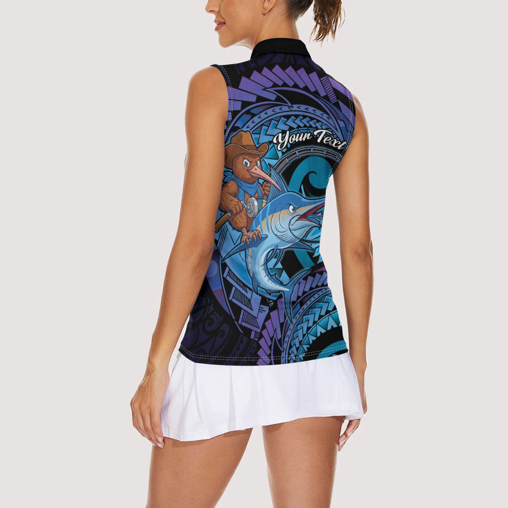 Personalised Blue Marlin Fishing New Zealand Women Sleeveless Polo Shirt NZ Kiwi Cowboy Born To Fish
