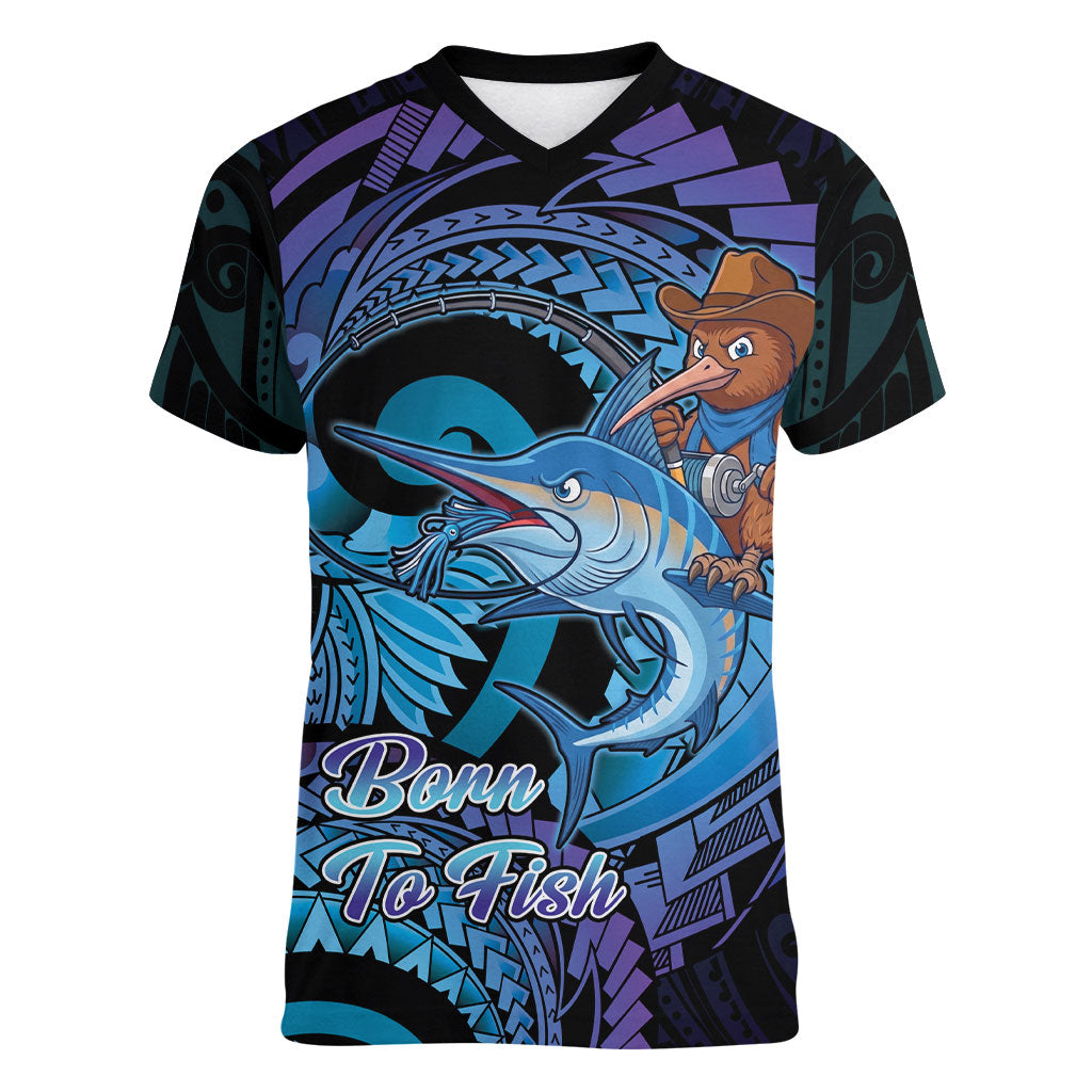 Personalised Blue Marlin Fishing New Zealand Women V-Neck T-Shirt NZ Kiwi Cowboy Born To Fish LT14 Female Purple - Polynesian Pride