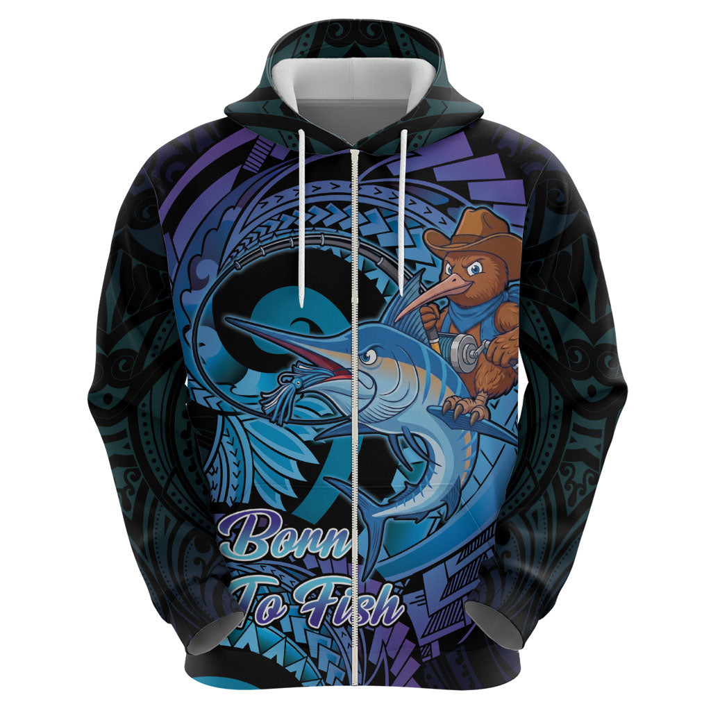 Personalised Blue Marlin Fishing New Zealand Zip Hoodie NZ Kiwi Cowboy Born To Fish
