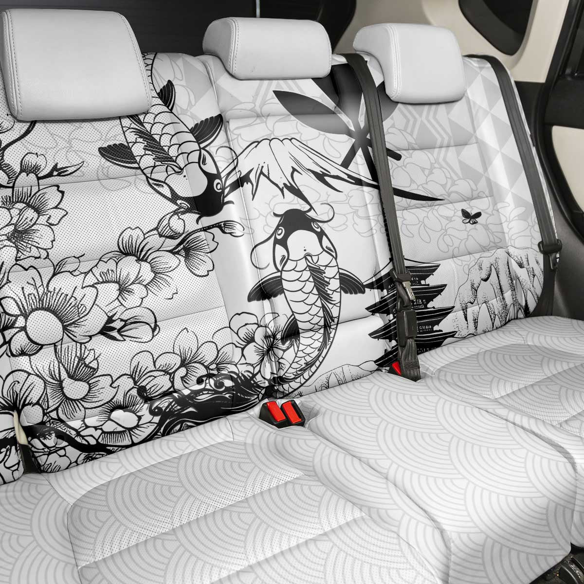 Japan And Hawaii Back Car Seat Cover Sakura Koi Fish Hawaiian Lei Kanaka - Polynesian Pride
