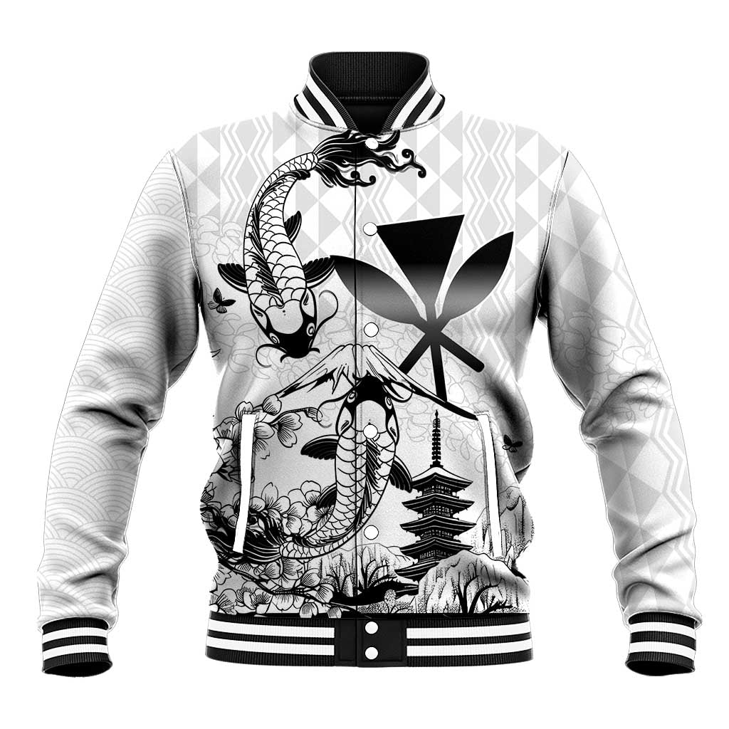 Japan And Hawaii Baseball Jacket Sakura Koi Fish Hawaiian Lei Kanaka LT14 Unisex White - Polynesian Pride
